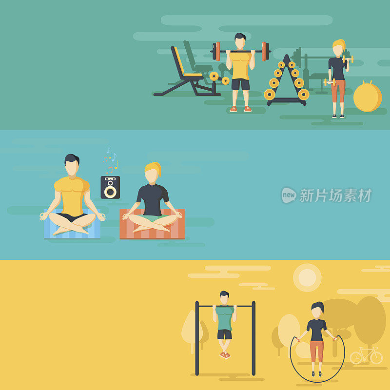 Fitness flat horizontal banners set